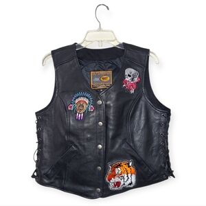 FIRST CLASSICS Black Leather Vest with Embroidered Patches And Side Ties M